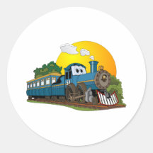 Blue Cartoon Passenger Steam Engine Round Sticker