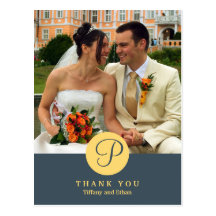 Blue center classic monogram photo thank you note post cards