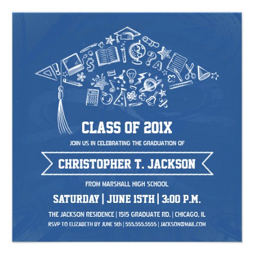 Blue Chalkboard Graduation Invitation with Photo (front side)