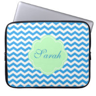 Blue chevron, light green shape, monogram laptop computer sleeve