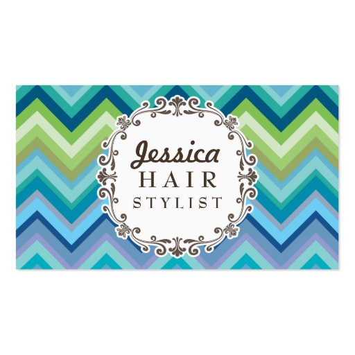 Blue Chevron Pattern Hair Stylist Business Cards (front side)