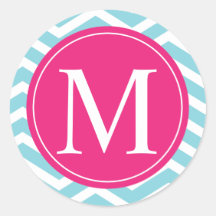 Blue Chevron Pink Monogram Round Sticker