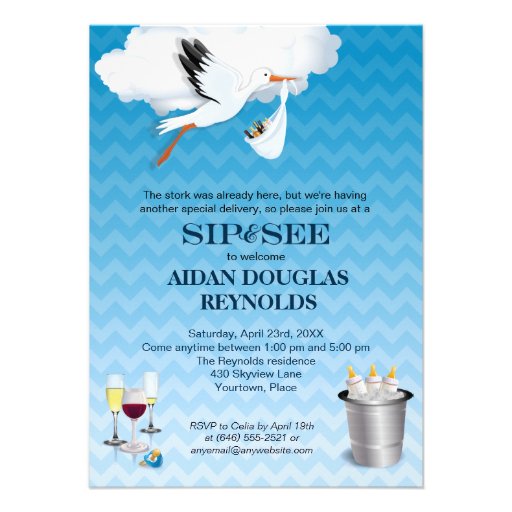 Blue Chevron Stork Baby Sip and See Party Invitation