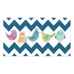 Blue Chevron Stripes Whimsical Cute Birds Owls Business Card