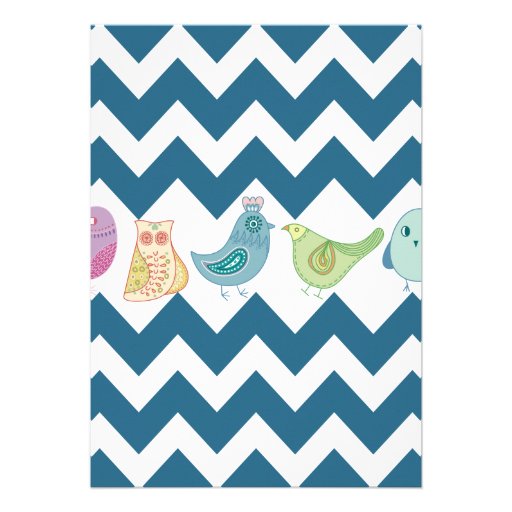 Blue Chevron Stripes Whimsical Cute Birds Owls Custom Invitations