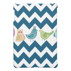 Blue Chevron Stripes Whimsical Cute Birds Owls iPad Mini Cover