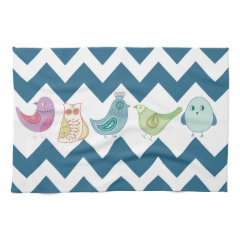Blue Chevron Stripes Whimsical Cute Birds Owls Kitchen Towels