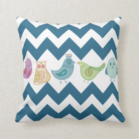 Blue Chevron Stripes Whimsical Cute Birds Owls Throw Pillows