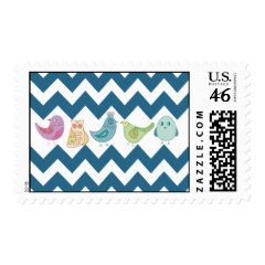 Blue Chevron Stripes Whimsical Cute Birds Owls Postage Stamp