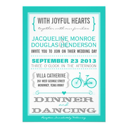 Blue Chevron Trendy Bicycle Hearts Wedding Invite
