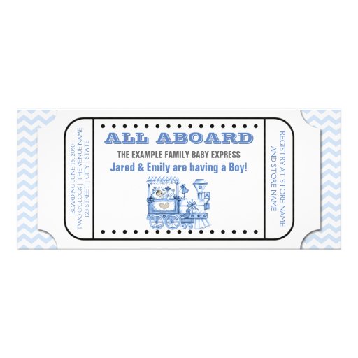 Blue Chevron Vintage Train Ticket Baby Shower Personalized Invite