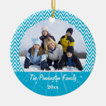 Blue chevron zigzag christmas photo ornament