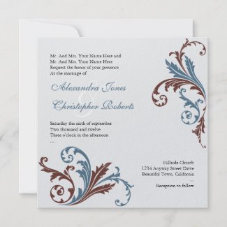 Blue & Chocolate Flower Swirls Damask Elegant Wedd invitation