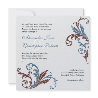 Blue & Chocolate Flower Swirls Damask Elegant Wedd invitation