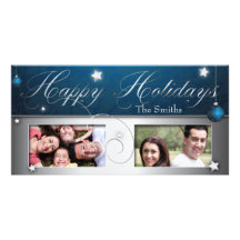 Blue Christmas Bulb Happy Holidays Photo Card