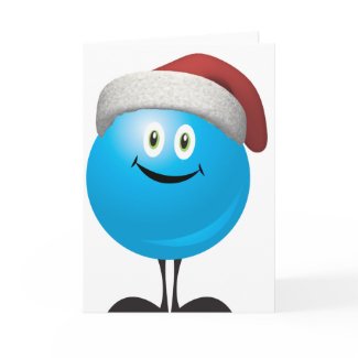 Blue christmas ornament wearing a red santa hat card