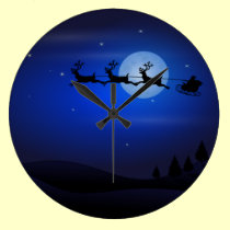 Blue Christmas Santa, Sleigh & Reindeer Flying wall clocks
