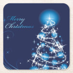 Blue Christmas Tree Square Paper Coaster