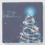 Blue Christmas Tree Stone Beverage Coaster