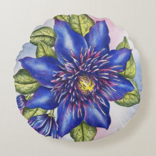 Blue Clematis Polyester Round Throw Pillow (16