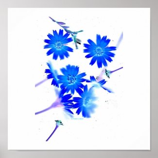 Blue colorized wild flowers scattered design print