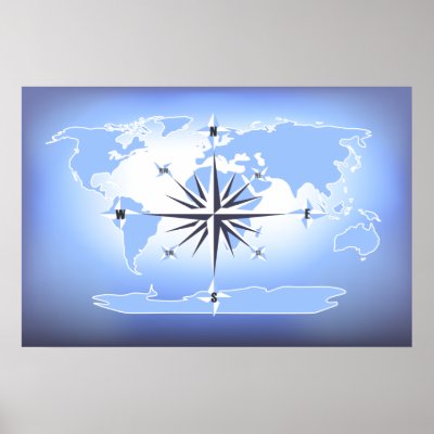A vector graphic illustration of a World Map with a compass rose on most 