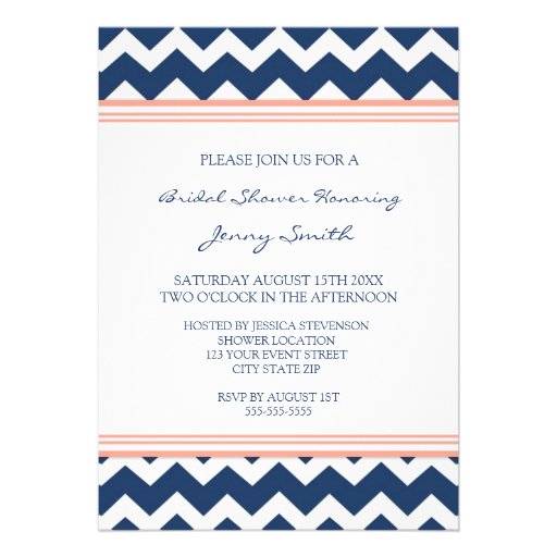Blue Coral Chevron Bridal Shower Invitation Cards