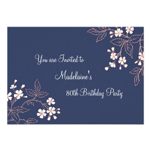 Blue Coral Floral 80th Birthday Party Invitations (front side)