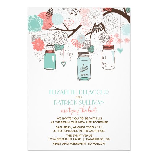 Blue & Coral Mason Jars Floral Wedding Invitation