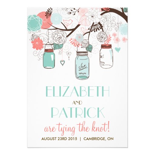 Blue & Coral Mason Jars Floral Wedding Invitation (front side)