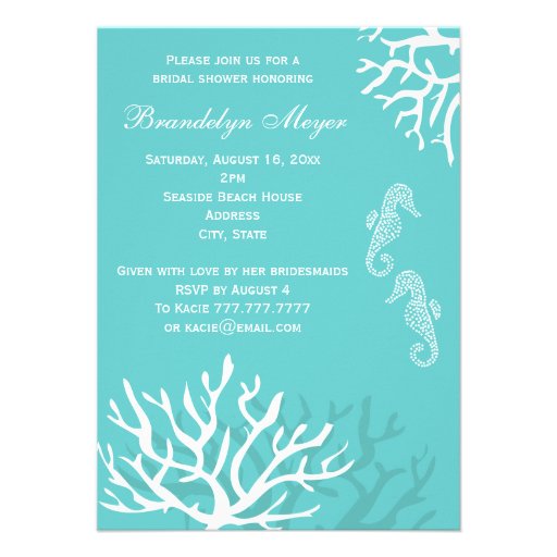 Blue Coral Reef Seahorse Bridal Shower Invitations (front side)