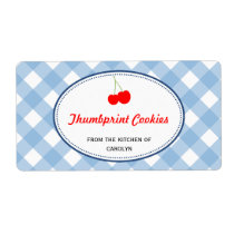 Blue country gingham pattern red cherry food labels