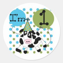 Blue Cow 1st Birthday Tshirts and Gifts Round Stickers