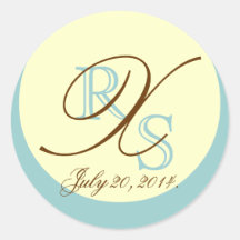 Blue Cream Brown Wedding Three Monogram Sticker