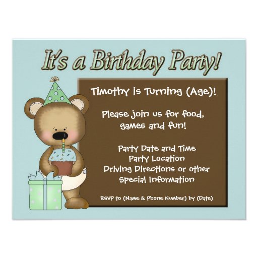 Blue Cupcake Bear Birthday Party Invitations