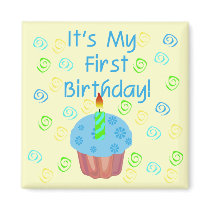 Blue Cupcake with Candle First Birthday Fridge Magnet