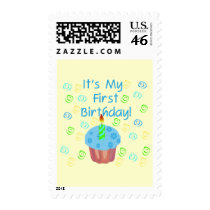 Blue Cupcake with Candle First Birthday Postage Stamp