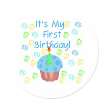 Blue Cupcake with Candle First Birthday stickers