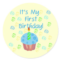 Blue Cupcake with Candle First Birthday Round Sticker