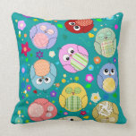 Blue Cushion with Cute Owls and Flowers Pillow