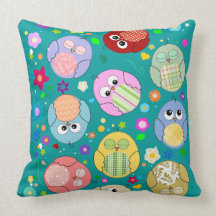 Blue Cushion with Cute Owls and Flowers Pillow
