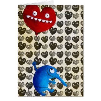 Blue cute creature with heart balloon greeting card