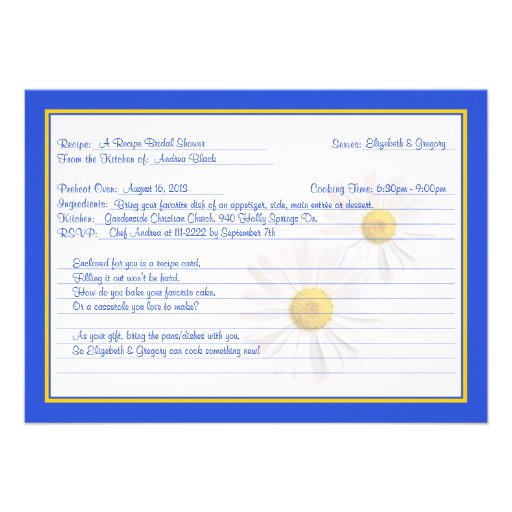 Blue Daisy Recipe Theme Bridal Shower Invitation
