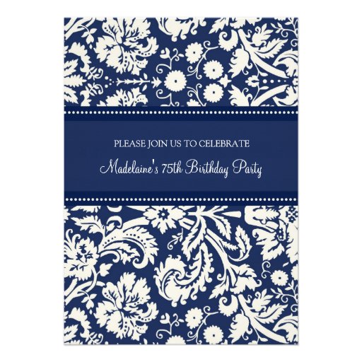 Blue Damask 75th Birthday Party Invitations