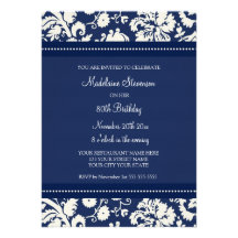Blue Damask 80th Birthday Party Invitations