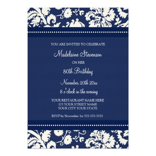 Blue Damask 80th Birthday Party Invitations