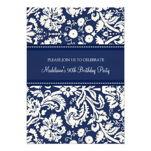 Blue Damask 90th Birthday Party Invitations