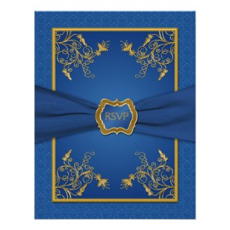 Blue Damask and Gold Floral Reply Card Personalized Invitation