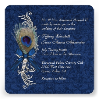 Blue Damask and Peacock Feather Wedding Invitation