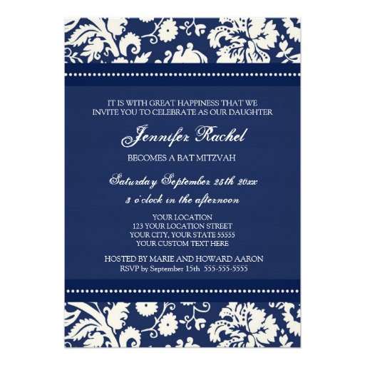Blue Damask Bat Mitzvah Invitations
